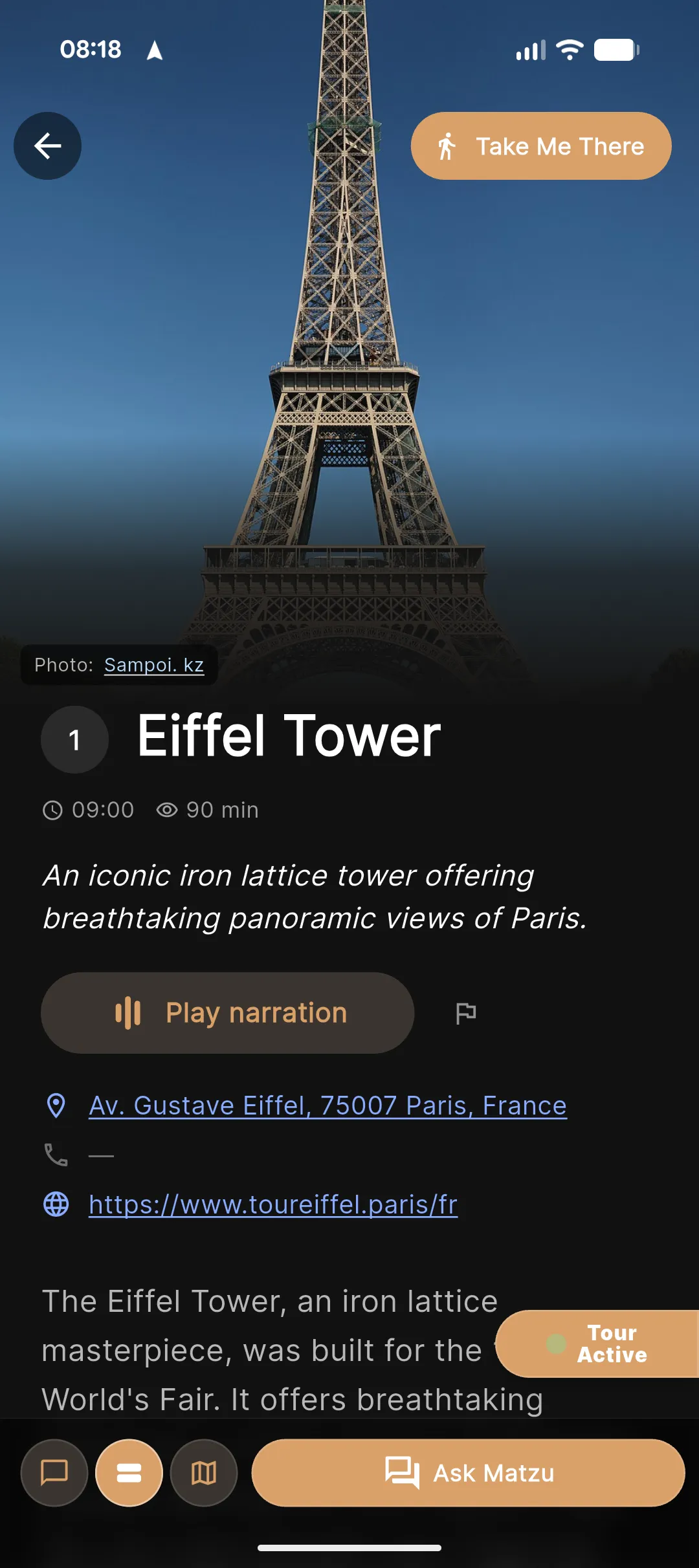 Matzu stop detail for the Eiffel Tower: photo, hours, address, website link and a Take Me There button.