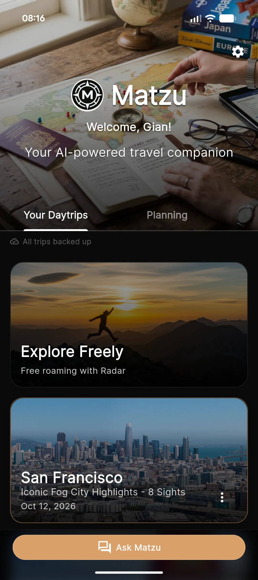 Matzu home screen with daytrip cards — Explore Freely and a San Francisco day.