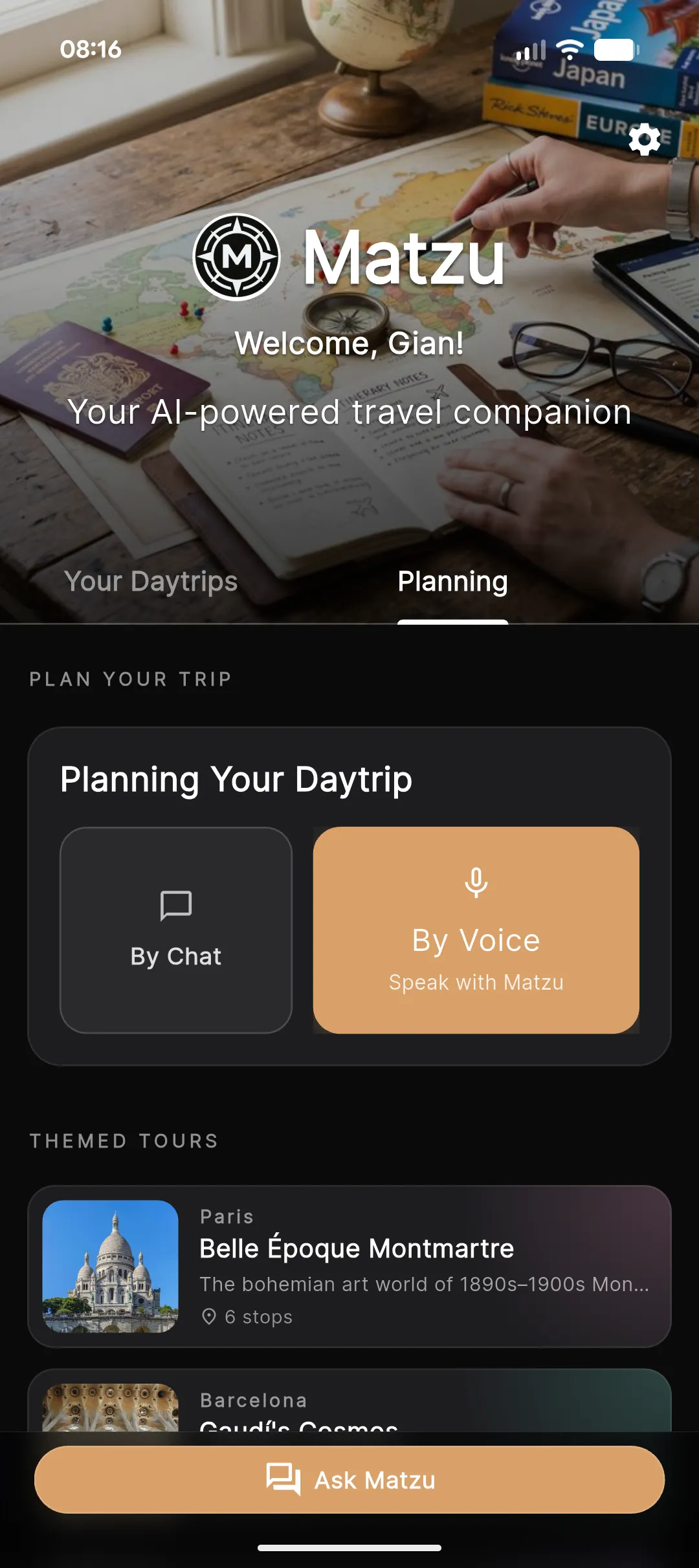 Matzu planning screen: plan a daytrip By Chat or By Voice, with themed-tour suggestions.