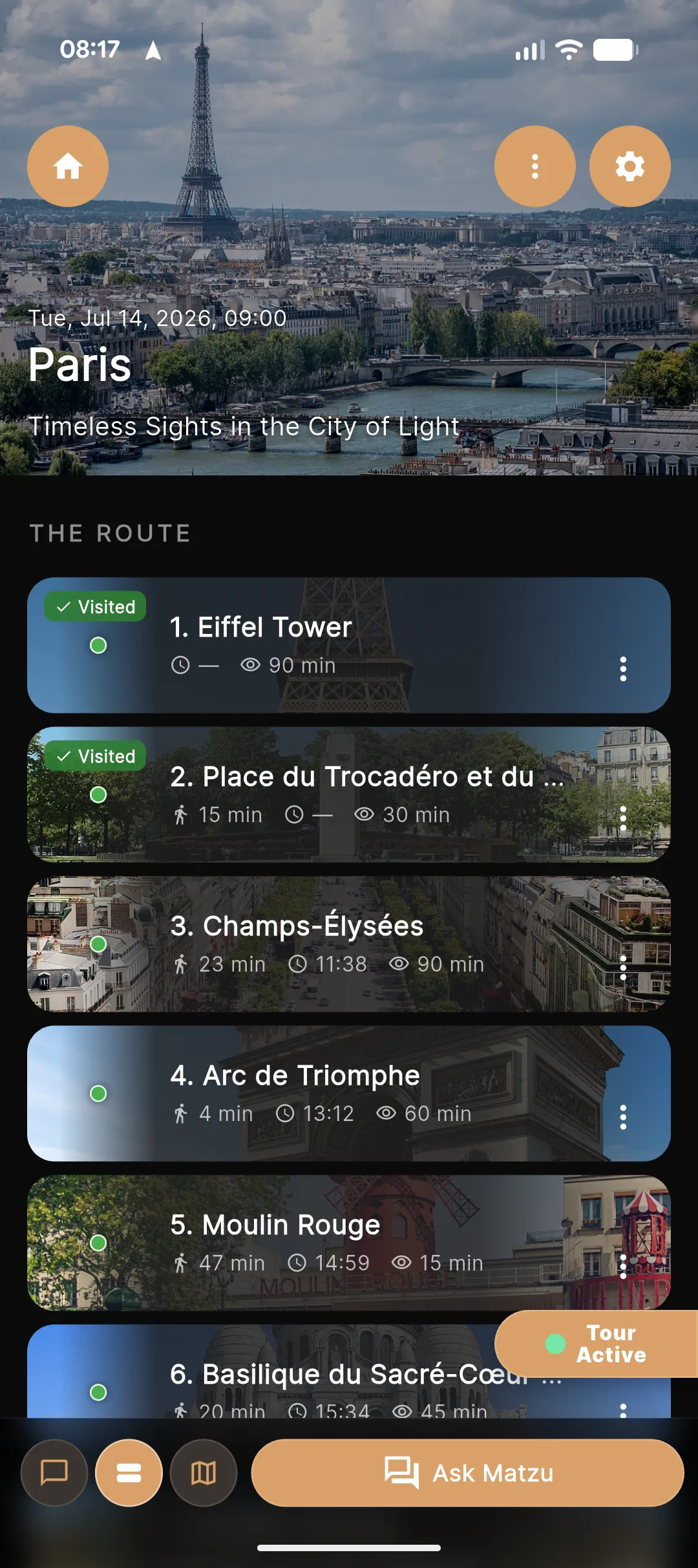 The Matzu app showing a planned Paris walking route — ordered stops from the Eiffel Tower to the Louvre.