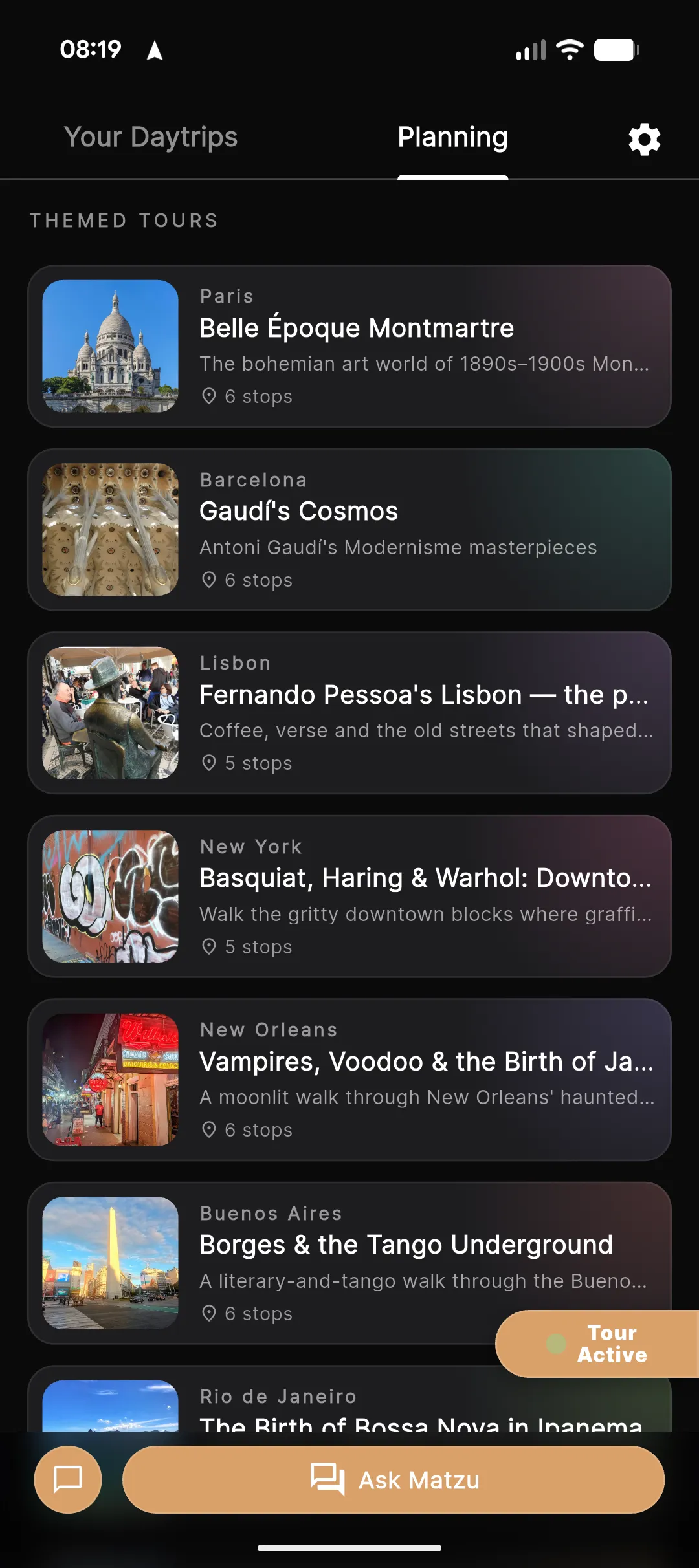 Matzu’s themed-tours screen with example tours in London, Paris, Barcelona and Rome.
