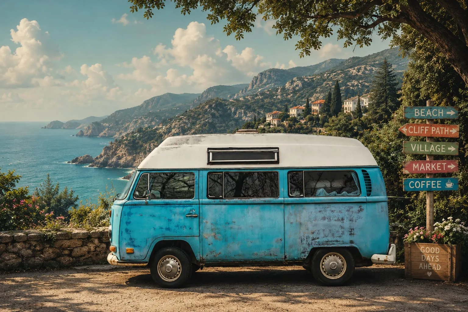 A vintage teal camper van parked at a Mediterranean cliff overlook beside a wooden signpost pointing to the beach, village and coffee.