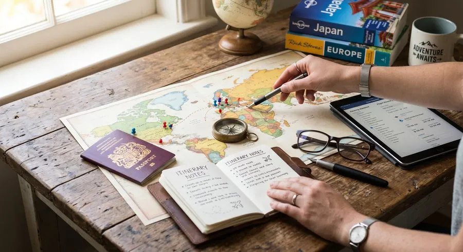 A travel desk flat-lay: world map with route pins, compass, passport, guidebooks and a tablet showing a planned itinerary.